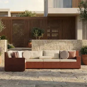 Sofá de Exterior en Forma de L de Concreto Rojo Rubí de Lujo con Tapicería Beige - Muebles Modernos Vista lifestyle por Luxury Group International