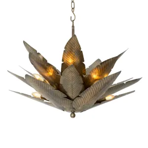 Lampadario Rustico di Lusso in Ottone Antico con Ventaglio di Foglie di Palma e Lampadine Calde di Luxury Group International