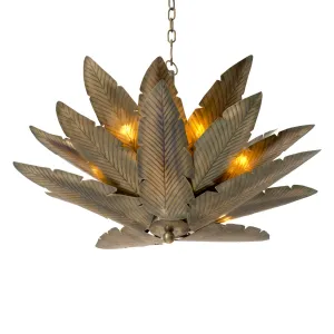 Lampadario Rustico di Lusso in Ottone Antico con Ventaglio di Foglie di Palma e Lampadine Calde Vista frontale di Luxury Group International