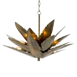 Lampadario Rustico di Lusso in Ottone Antico con Ventaglio di Foglie di Palma e Lampadine Calde Vista frontale di Luxury Group International
