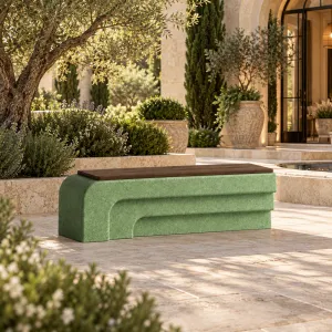 Luxury Sage Green Concrete Outdoor Bench with Dark Wood Seat - Luxury Outdoor Furniture Lifestyle View by Luxury Group International