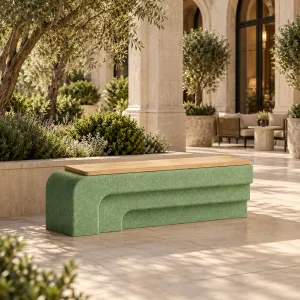 Luxury Sage Green Outdoor Bench with Natural Wood Seat - Outdoor Furniture Lifestyle View by Luxury Group International
