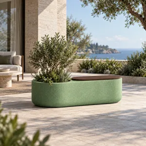 Luxury Sage Green Oval Outdoor Planter with Integrated Dark Wooden Seating - Oudoor Furniture Lifestyle View by Luxury Group International