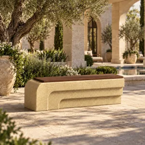 Luxury Sand Beige Concrete Outdoor Bench with Dark Wood Seat - Outdoor Furniture Lifestyle View by Luxury Group International