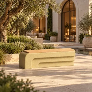 Luxury Sand Beige Outdoor Bench with Natural Wood Seat - Luxury Hotel Furniture Lifestyle View by Luxury Group International