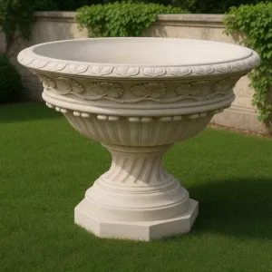 Macetero de Jardín de Gran Cuenco Esculpido de Lujo con Relieve de Hojas y Pedestal Acanalado - Maceteros de Lujo Vista frontal por Luxury Group International