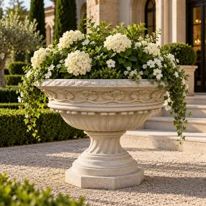 Macetero de Jardín de Gran Cuenco Esculpido de Lujo con Relieve de Hojas y Pedestal Acanalado - Maceteros de Lujo Vista lifestyle por Luxury Group International