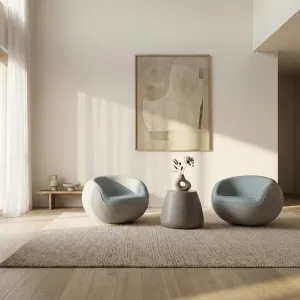 Luxury Sculptural Accent Chair in Light Gray Matte Concrete with Teal Blue Inner Cushion Front View by Luxury Group International