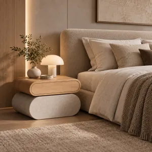 Mesa de Noche Escultural con Tapa de Madera y Base Estilo Piedra - Mobiliario de Hotel de Lujo Vista lifestyle por Luxury Group International