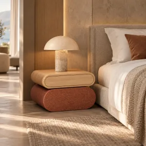 Mesa de Noche Escultural de Lujo con Tapa de Madera y Base de Piedra Terracota Vista lifestyle por Luxury Group International