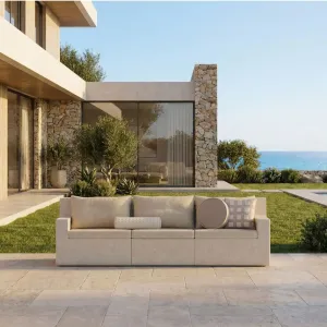 Luxury Sculptural Beige Boucle Three-Seater Sofa- Luxury Outdoor Sofa-Luxury Hotel Furniture Lifestyle View by Luxury Group International