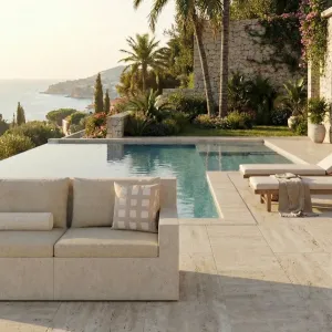 Luxury Sculptural Beige Boucle Three-Seater Sofa- Luxury Outdoor Sofa-Luxury Hotel Furniture Lifestyle View by Luxury Group International