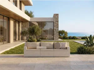 Luxury Sculptural Beige Boucle Three-Seater Sofa- Luxury Outdoor Sofa-Luxury Hotel Furniture Lifestyle View by Luxury Group International