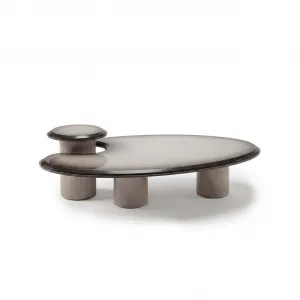 Luxury Sculptural Smoked Glass Coffee Table with Side Shelf by Luxury Group International