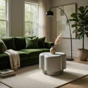 Table basse sculpturale de luxe au design moderne organique et doux Vue lifestyle par Luxury Group International