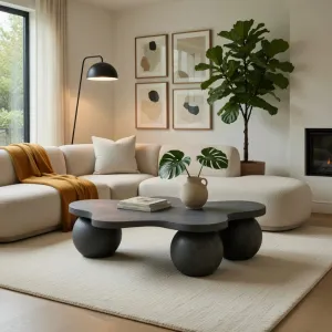 Table Basse Sculpturale en Béton de Luxe au Design Organique Moderne Vue lifestyle par Luxury Group International