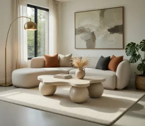 Table Basse Sculpturale en Béton de Luxe au Design Organique Moderne Vue lifestyle par Luxury Group International