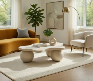 Table Basse Sculpturale en Béton de Luxe au Design Organique Moderne Vue lifestyle par Luxury Group International