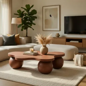 Table Basse Sculpturale en Béton de Luxe au Design Organique Moderne Vue lifestyle par Luxury Group International