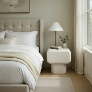 Luxury Sculptural Concrete Nightstand for Modern Bedroom Interiors Lifestyle View by Luxury Group International