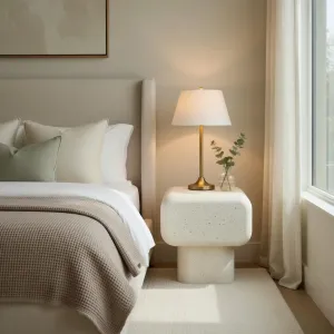 Luxury Sculptural Concrete Nightstand for Modern Bedroom Interiors Lifestyle View by Luxury Group International