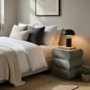 Luxury Designer Concrete Nightstand with Sculptural Modern Design Lifestyle View by Luxury Group International