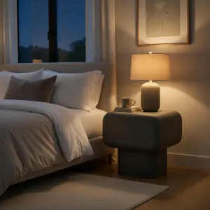 Luxury Sculptural Concrete Nightstand for Modern Bedroom Interiors Lifestyle View by Luxury Group International