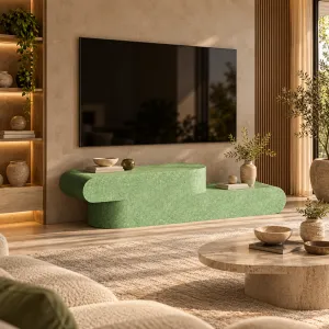 Luxuriöse skulpturale TV-Konsole aus Beton mit asymmetrischem, geschwungenem Design – modernes Möbelstück Lifestyle-Ansicht von Luxury Group International