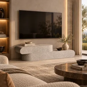 Luxuriöse skulpturale TV-Konsole aus Beton mit asymmetrischem, geschwungenem Design – modernes Möbelstück Lifestyle-Ansicht von Luxury Group International