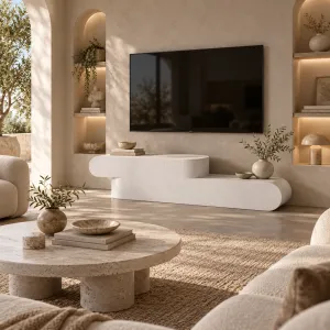 Luxuriöse skulpturale TV-Konsole aus Beton mit asymmetrischem, geschwungenem Design – modernes Möbelstück Lifestyle-Ansicht von Luxury Group International