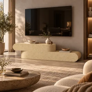 Luxuriöse skulpturale TV-Konsole aus Beton mit asymmetrischem, geschwungenem Design – modernes Möbelstück Lifestyle-Ansicht von Luxury Group International
