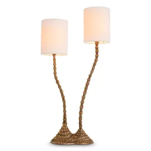 Luxuriöse skulpturale Tischlampe mit doppeltem Schaft, strukturierter bronzefarbener Basis & Leinenlampenschirmen von Luxury Group International