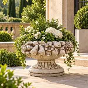 Macetero de Jardín Escultural con Guirnalda de Frutas y Pedestal Acanalado - Maceteros de Lujo Vista lifestyle por Luxury Group International
