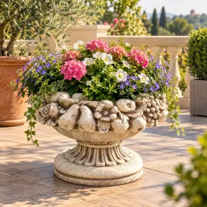 Macetero de Jardín Escultural con Guirnalda de Frutas y Pedestal Acanalado - Maceteros de Lujo Vista lifestyle por Luxury Group International