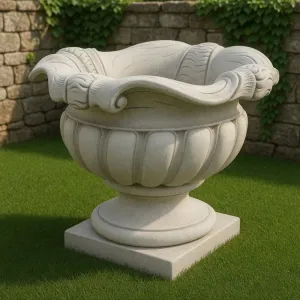 Jardinera de Urna Escultural de Lujo con Borde en Espiral y Cuenco Acanalado - Maceteros de Lujo Vista lifestyle por Luxury Group International