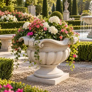 Jardinera de Urna Escultural de Lujo con Borde en Espiral y Cuenco Acanalado - Maceteros de Lujo Vista lifestyle por Luxury Group International
