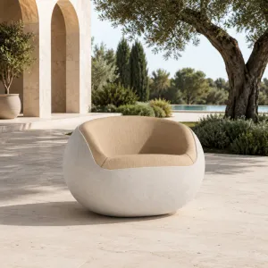 Luxury ivory Concrete Lounge Chair with Light Beige Upholstered Seat - Luxury Hotel Furniture Lifestyle View by Luxury Group International