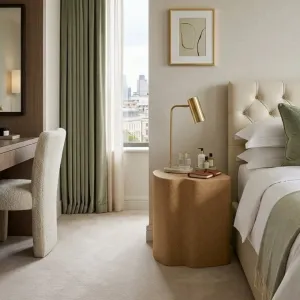 Luxuriöser Skulpturaler Nachttisch mit gesprenkelter Steinoptik Lifestyle-Ansicht von Luxury Group International