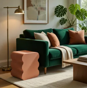 Luxury Sculptural Rose Pink Concrete Nightstand for Contemporary Bedroom Spaces Lifestyle View by Luxury Group International