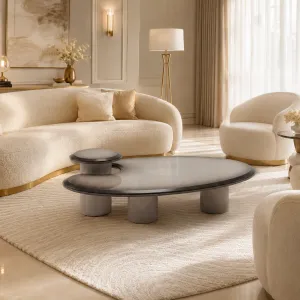 Luxury Sculptural Smoked Glass Coffee Table with Side Shelf Lifestyle View by Luxury Group International