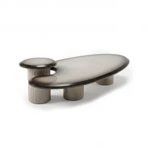 Luxury Sculptural Smoked Glass Coffee Table with Side Shelf Side View by Luxury Group International
