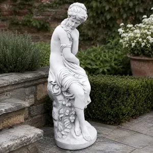 Luxury Seated Female Garden Sculpture with Floral Relief - Luxury Classic Sculpture Lifestyle View by Luxury Group International