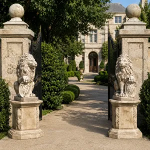 Sculpture de Paire de Lions Assis de Luxe avec Écussons Héraldiques - Sculpture Classique de Luxe Vue lifestyle par Luxury Group International