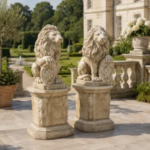 Sculpture de Paire de Lions Assis de Luxe avec Écussons Héraldiques - Sculpture Classique de Luxe Vue lifestyle par Luxury Group International