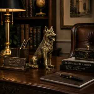 Luxury Shepherd Dog Bronze Sculpture in a Seated Pose - Luxury Bronze Figure Lifestyle View by Luxury Group International