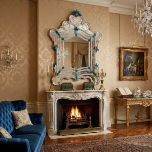 Luxury Silver Baroque Venetian Style Floral Glass Wall Mirror with Blue Leaf & Pink Flower Accents Lifestyle View by Luxury Group International