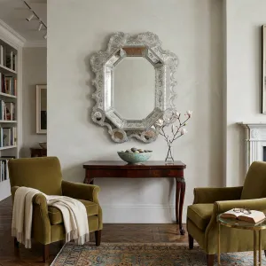 Luxury Silver Baroque Venetian Style Wall Mirror with Hand-Etched Crystal Glass Frame Lifestyle View by Luxury Group International