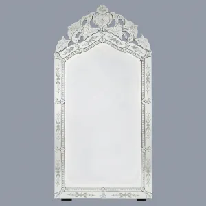 Luxury Silver Grand Venetian Style Wall Mirror with Ornate Floral Baroque Crown Front View by Luxury Group International