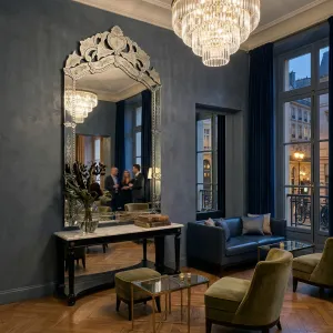 Luxury Silver Grand Venetian Style Wall Mirror with Ornate Floral Baroque Crown Lifestyle View by Luxury Group International