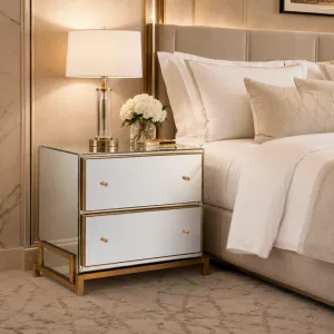 Luxury Silver Mirrored Nightstand with Antique Gold Frame with Drawer - Luxury Nightstand Lifestyle View by Luxury Group International